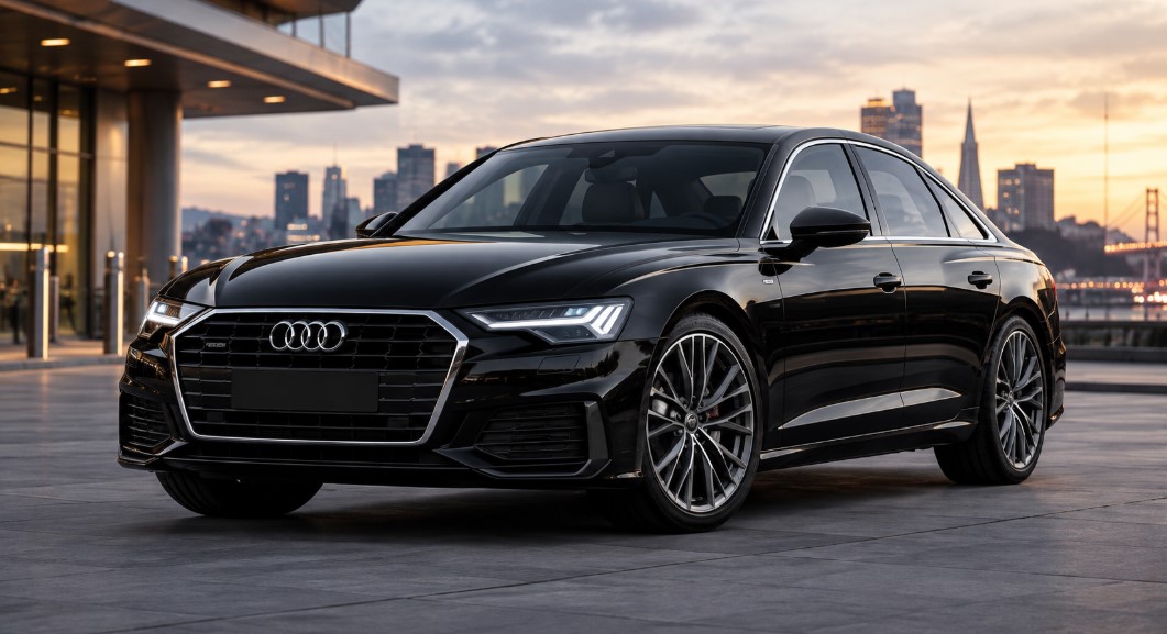 Black Audi A6 business sedan for Woodside to SFO private airport transportation